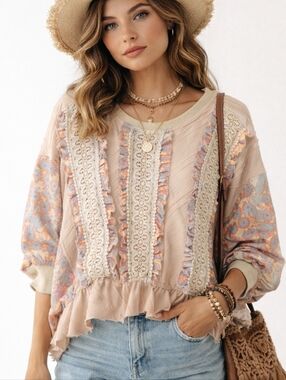 MISS ME Boho Shabby Chic Lace Ruffle Top Tan Floral "Magnolia Pearl Style" M